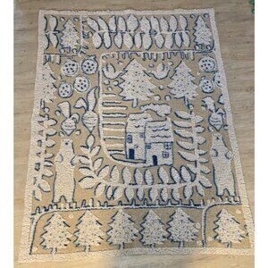 Anthropologie Beige Blue Multi Story Wool Throw Blanket